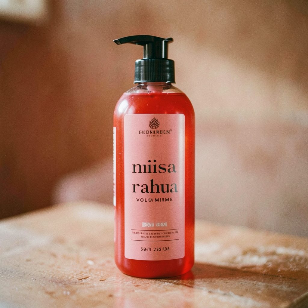 A Rahua voluminous shampoo bottle with warm amber tones, set against a soft natural backdrop