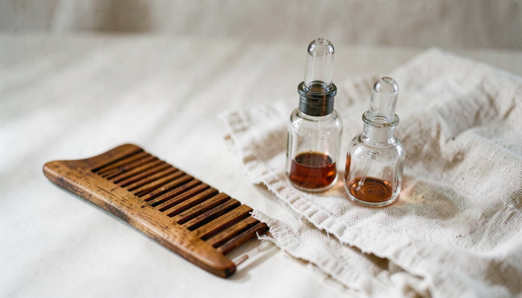 A wooden comb beside glass dropper bottles and a textured linen cloth, soft neutral palette