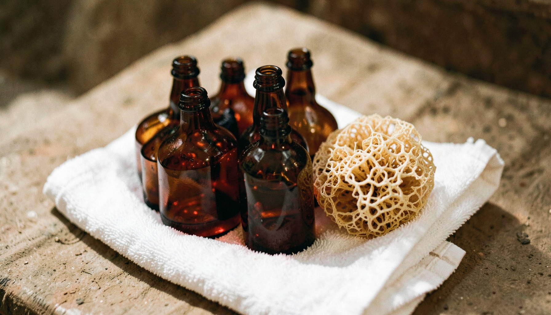 A cluster of amber glass bottles and a natural loofah resting on a folded white towel, warm earthy tones