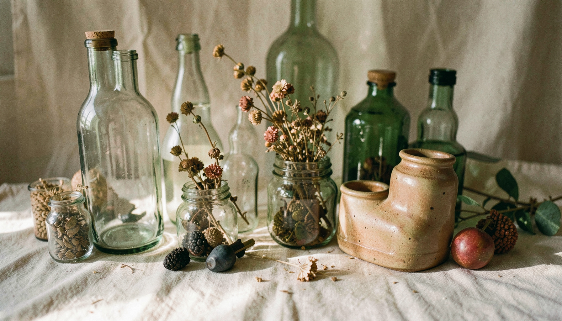 Soft natural light falling across an arrangement of glass bottles, ceramic jars, and dried botanicals on a neutral linen cloth