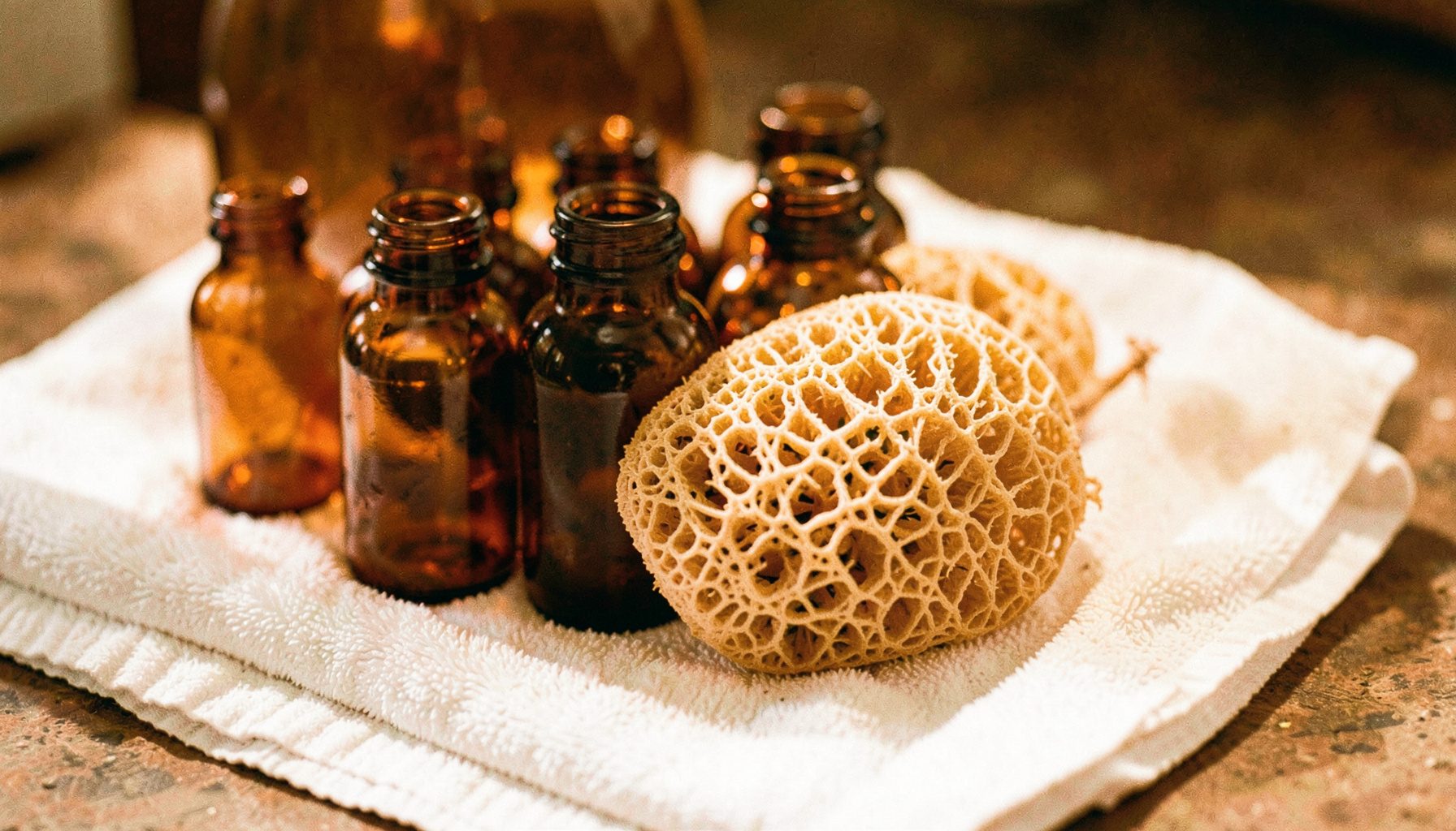 A cluster of amber glass bottles and a natural loofah resting on a folded white towel, warm earthy tones