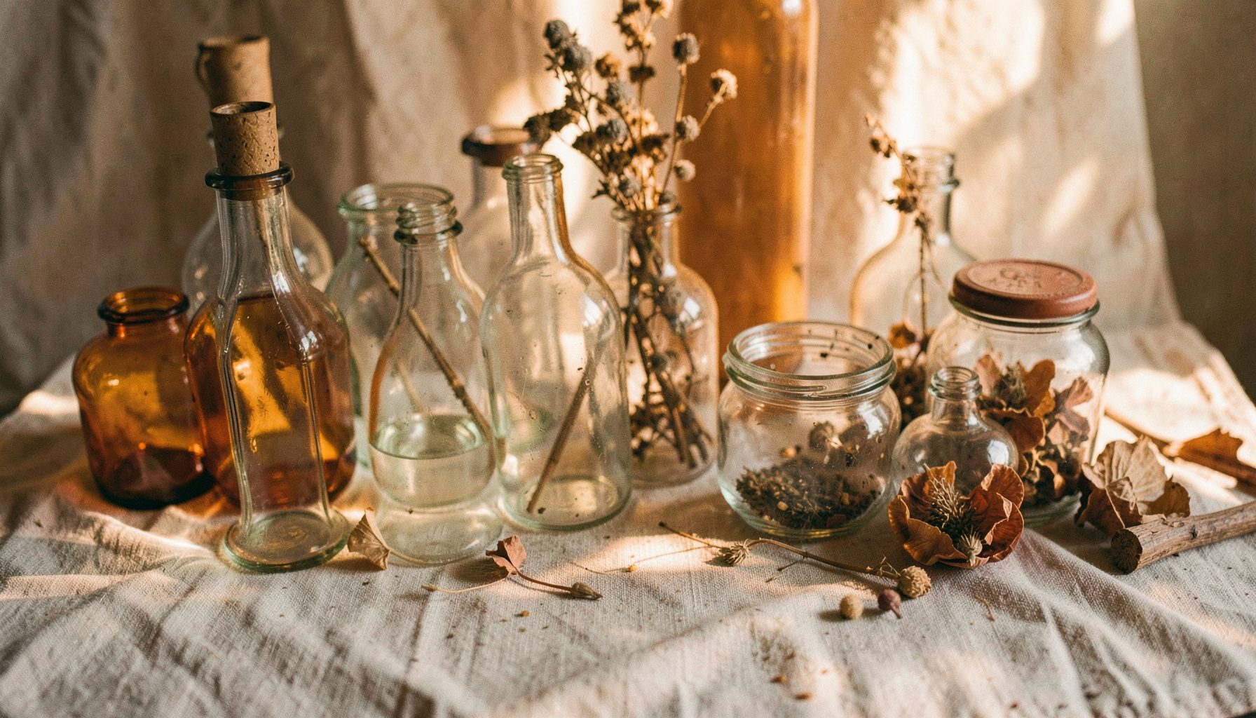 Soft natural light falling across an arrangement of glass bottles, ceramic jars, and dried botanicals on a neutral linen cloth, warm earthy tones